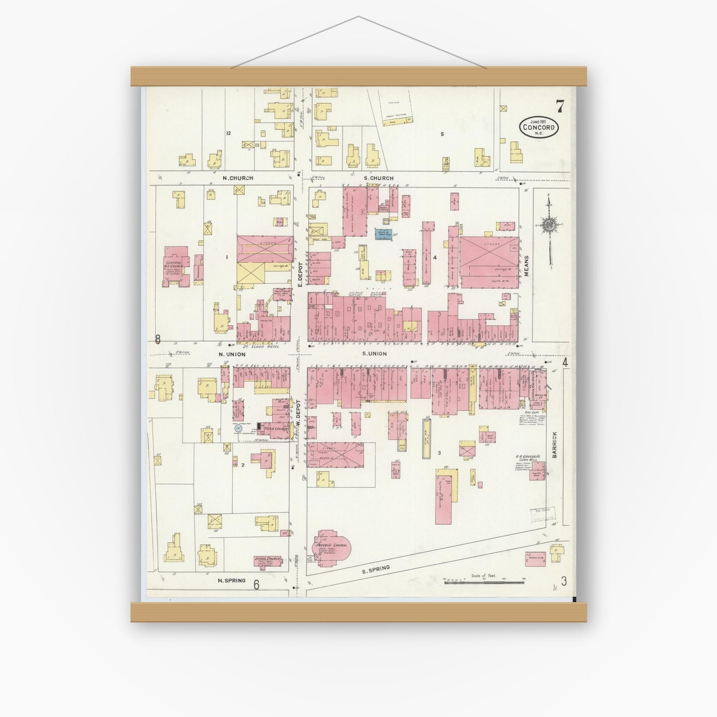 Old map wall art mockup — magnetic wood frame on white wall — Sanborn Fire Insurance Map from Concord, Cabarrus County, North Carolina (1911), Sheet #0007
