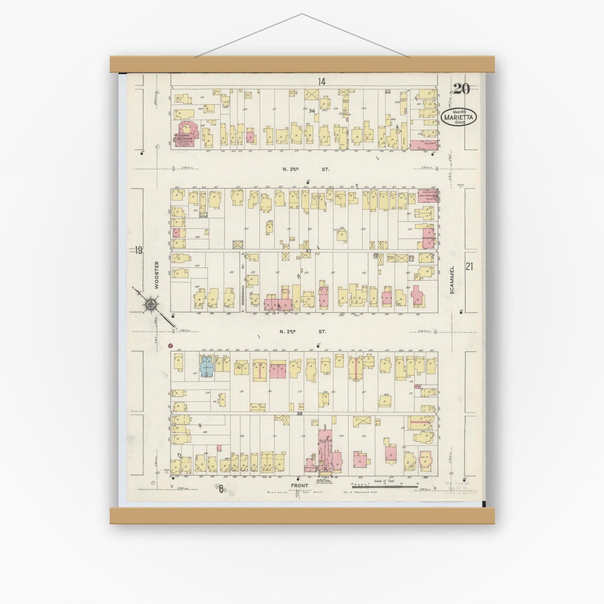 Old map wall art mockup — magnetic wood frame on white wall — Sanborn Fire Insurance Map from Marietta, Washington County, Ohio (1915), Sheet #0020