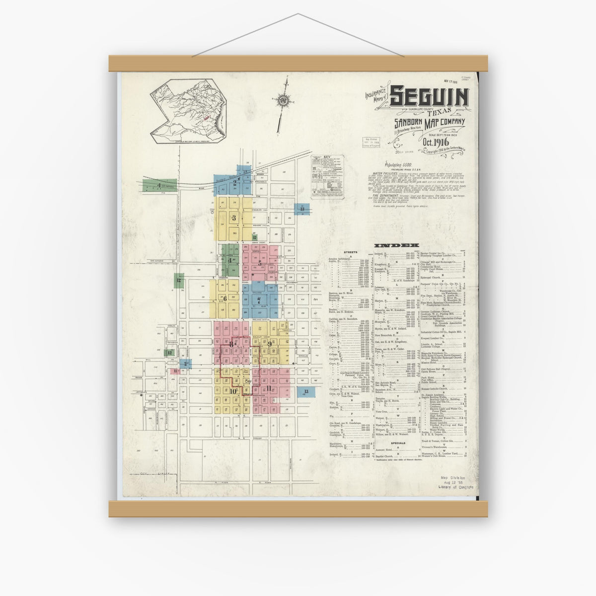 Old map wall art mockup — magnetic wood frame on white wall — Sanborn Fire Insurance Map from Seguin, Guadalupe County, Texas (1916) - Complete Map Set