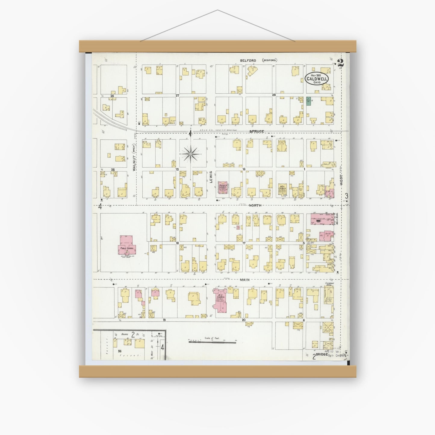 Old map wall art mockup — magnetic wood frame on white wall — Sanborn Fire Insurance Map from Caldwell, Noble County, Ohio (1905), Sheet #0002