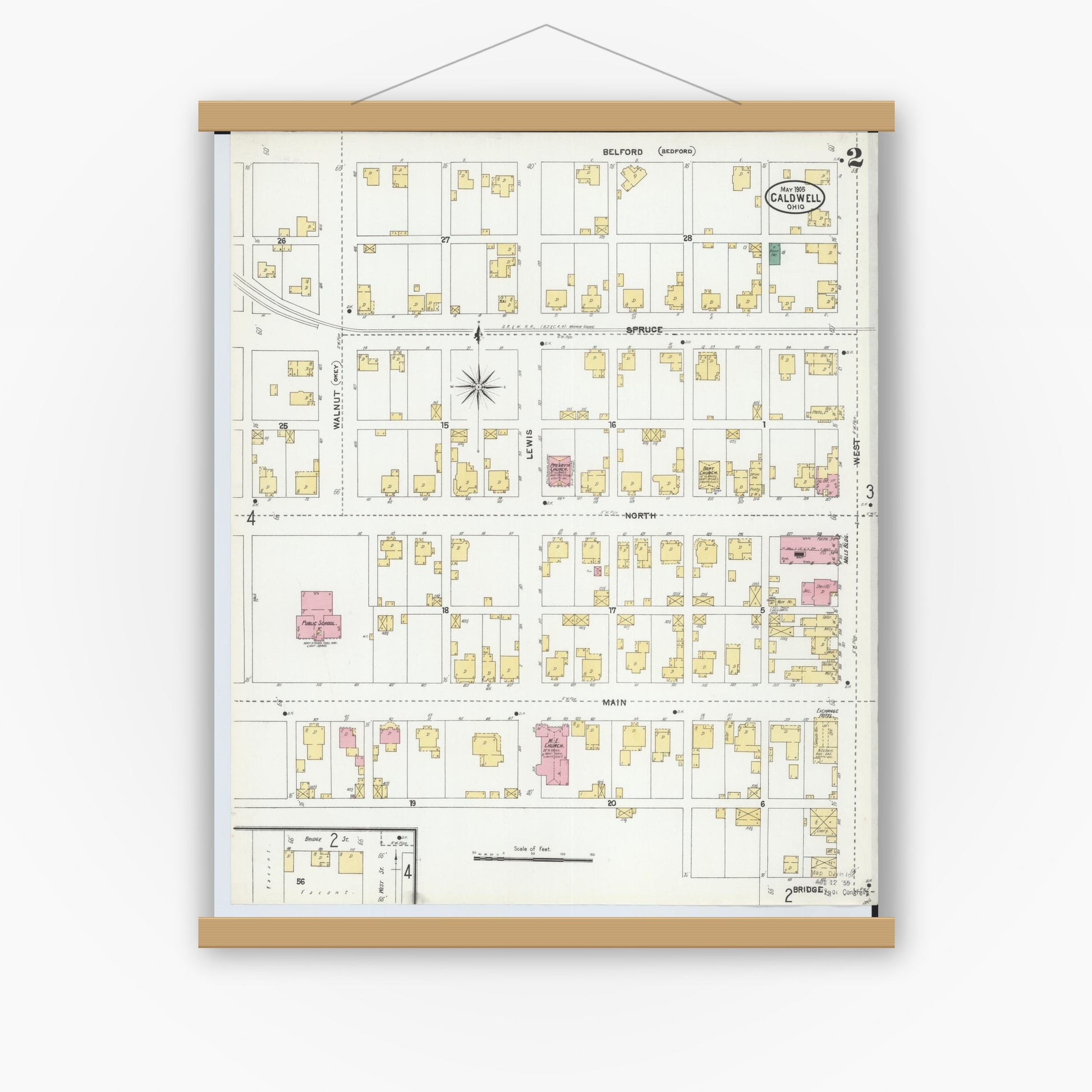 Old map wall art mockup — magnetic wood frame on white wall — Sanborn Fire Insurance Map from Caldwell, Noble County, Ohio (1905), Sheet #0002