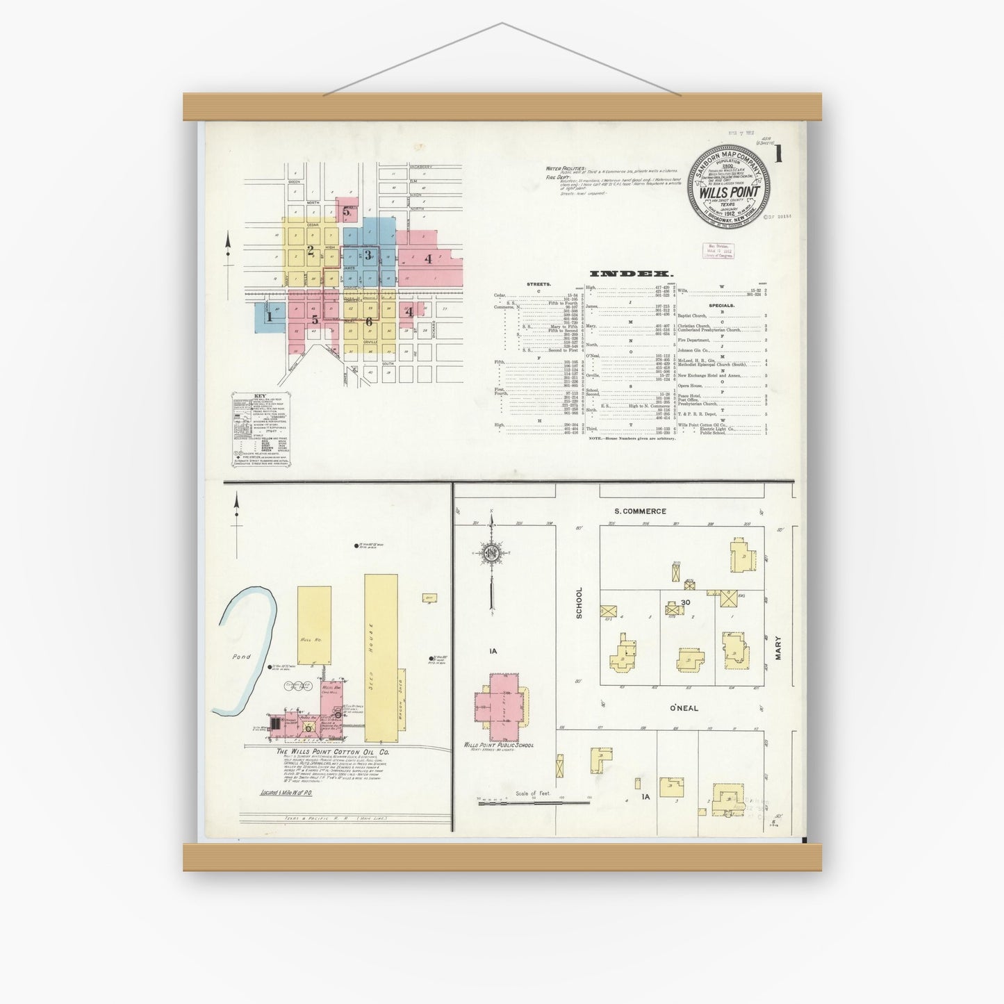 Old map wall art mockup — magnetic wood frame on white wall — Sanborn Fire Insurance Map from Wills Point, Van Zandt County, Texas (1912), Sheet #0001