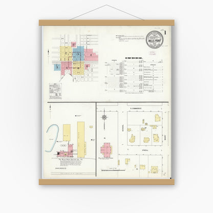 Old map wall art mockup — magnetic wood frame on white wall — Sanborn Fire Insurance Map from Wills Point, Van Zandt County, Texas (1912), Sheet #0001