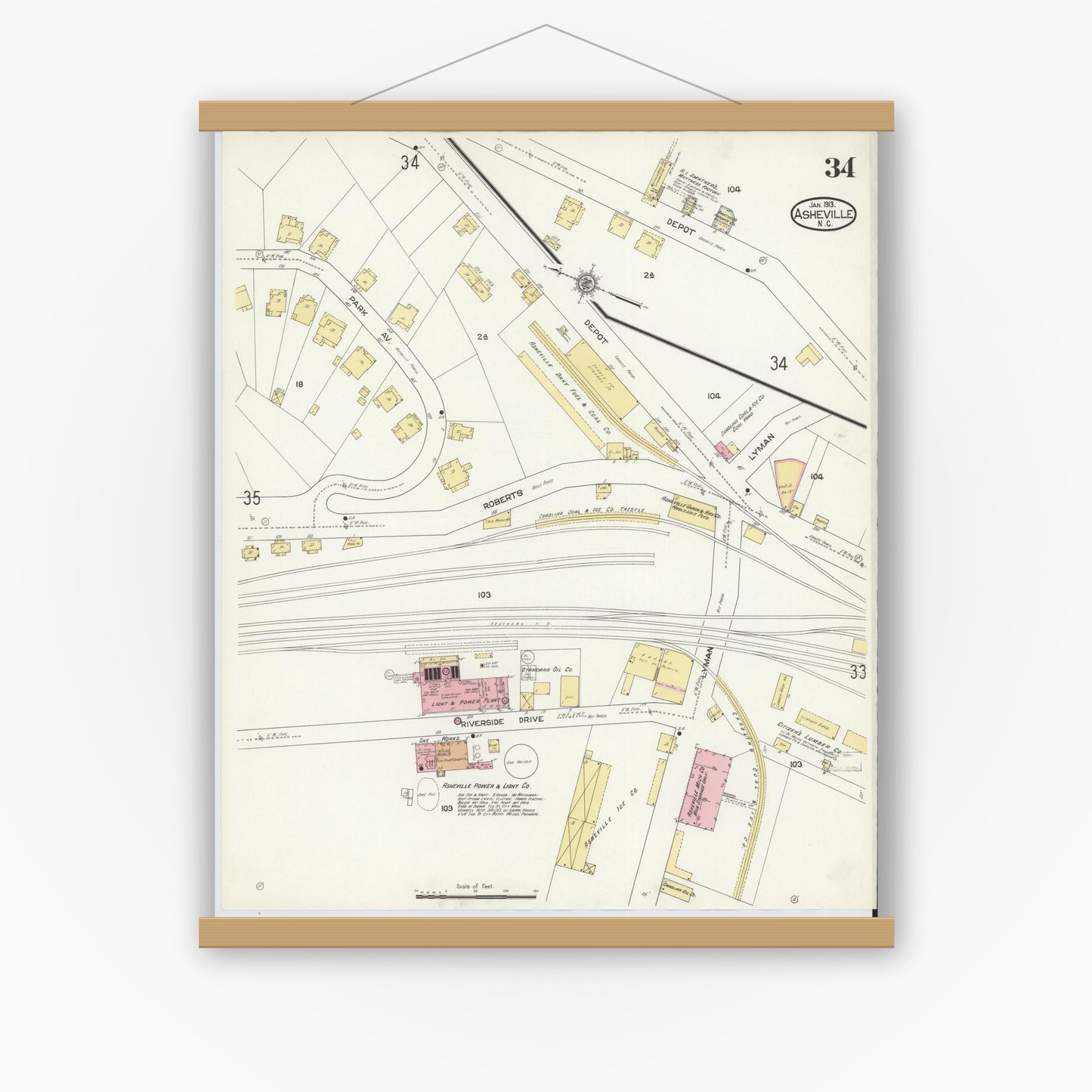 Old map wall art mockup — magnetic wood frame on white wall — Sanborn Fire Insurance Map from Asheville, Buncombe County, North Carolina (1913), Sheet #0034