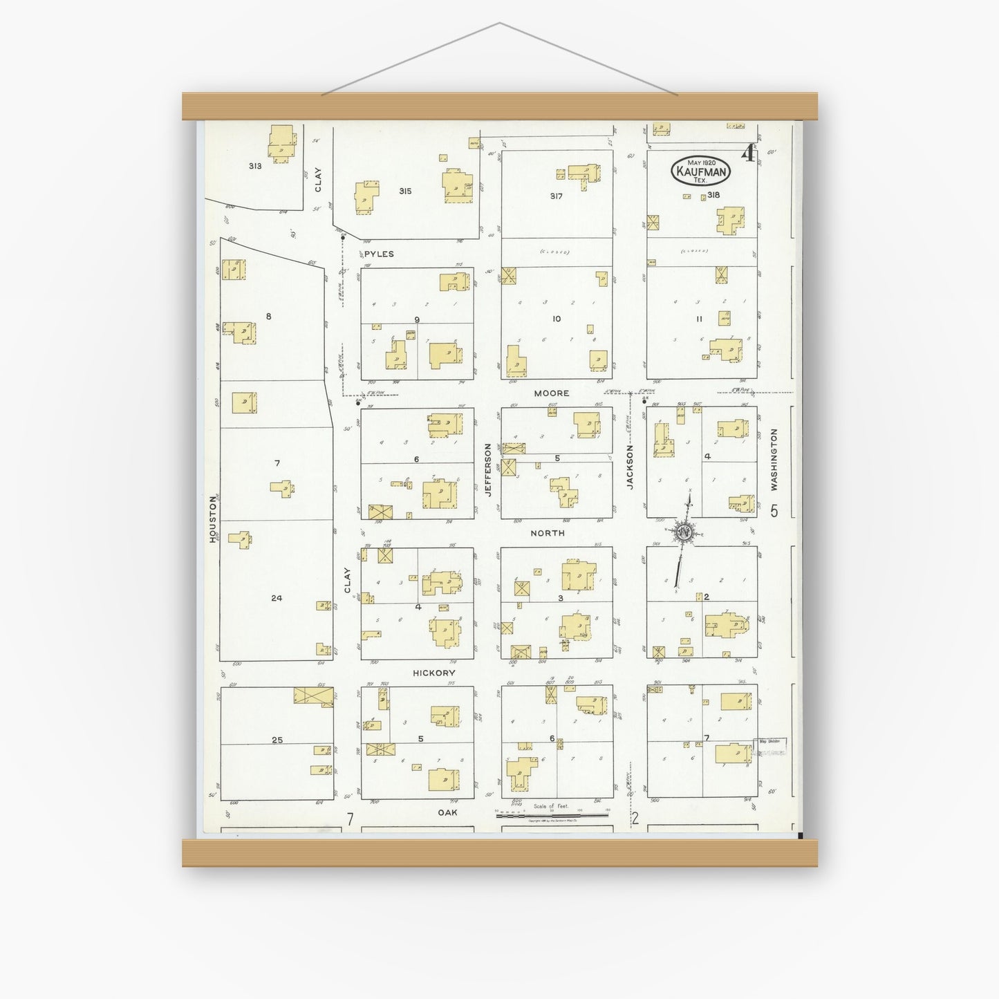 Old map wall art mockup — magnetic wood frame on white wall — Sanborn Fire Insurance Map from Kaufman, Kaufman County, Texas (1920), Sheet #0004