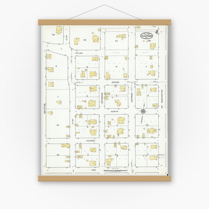 Old map wall art mockup — magnetic wood frame on white wall — Sanborn Fire Insurance Map from Kaufman, Kaufman County, Texas (1920), Sheet #0004