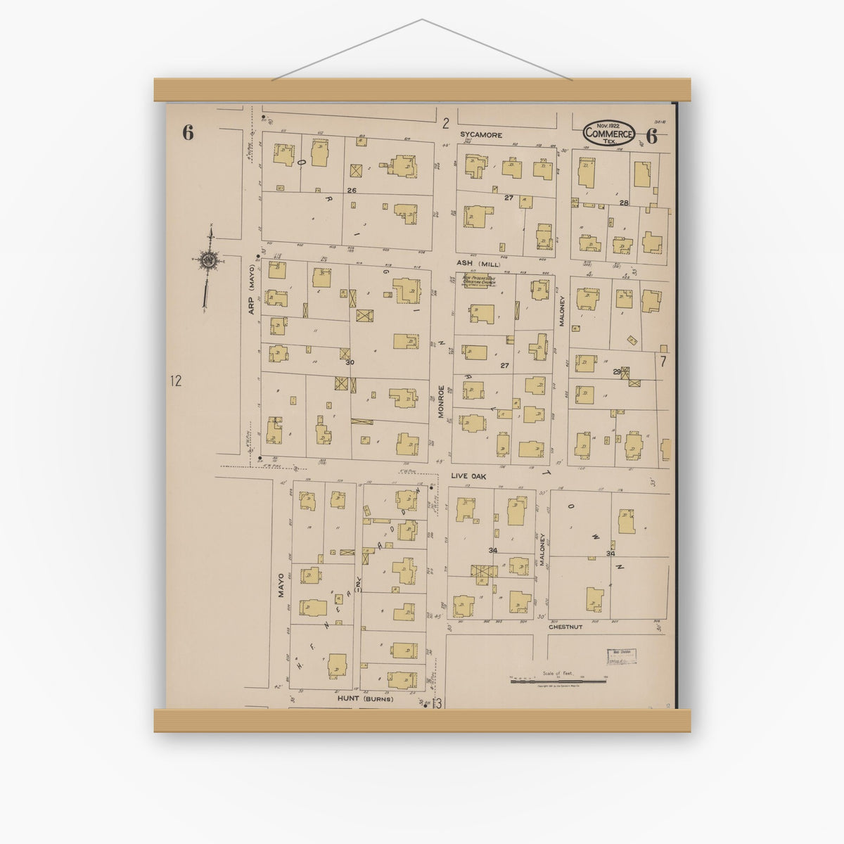 Old map wall art mockup — magnetic wood frame on white wall — Sanborn Fire Insurance Map from Commerce, Hunt County, Texas (1922), Sheet #0006