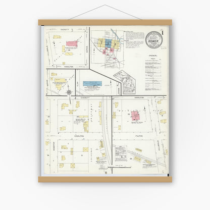 Old map wall art mockup — magnetic wood frame on white wall — Sanborn Fire Insurance Map from Homer, Calhoun County, Michigan (1913), Sheet #0001