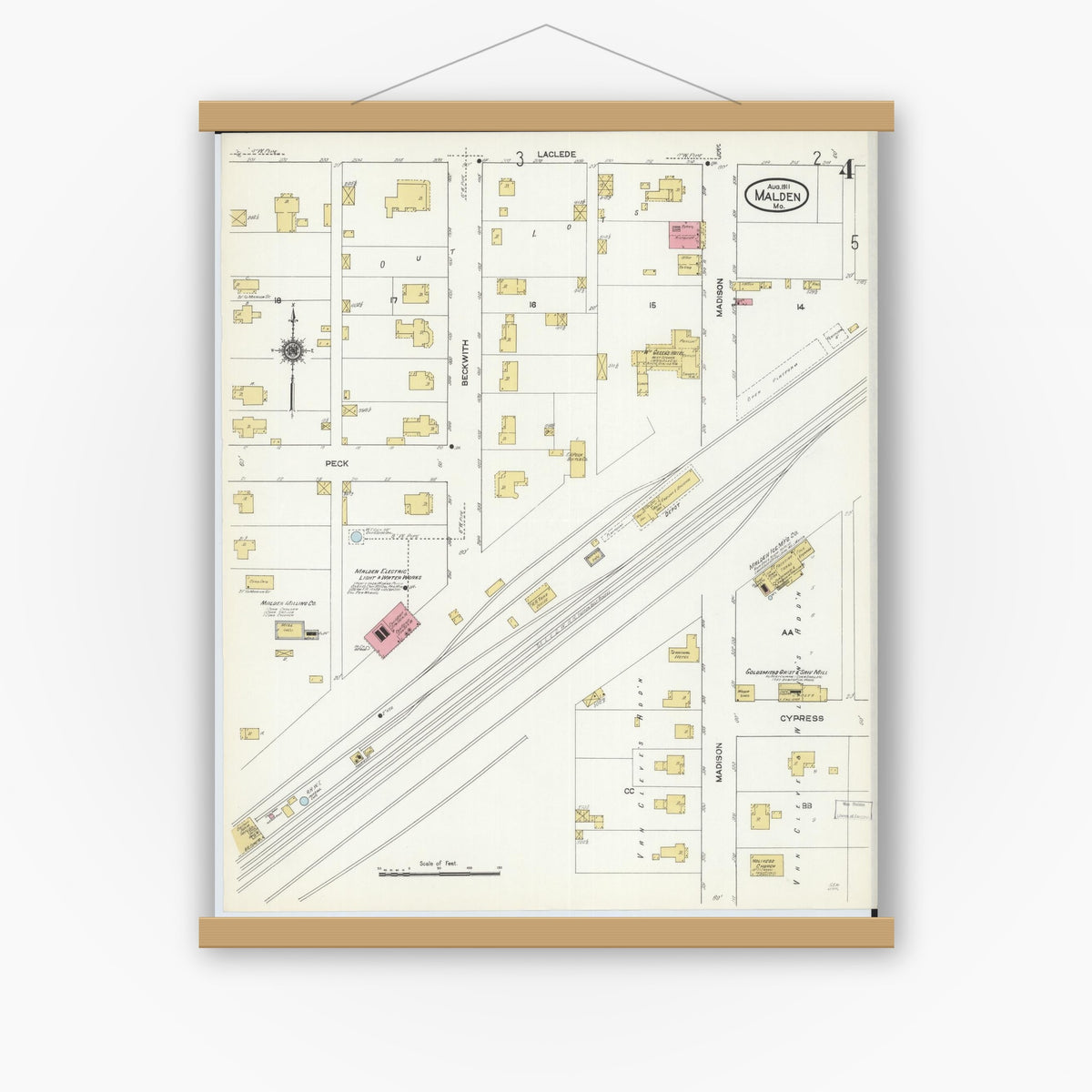 Old map wall art mockup — magnetic wood frame on white wall — Sanborn Fire Insurance Map from Malden, Dunklin County, Missouri (1911), Sheet #0004