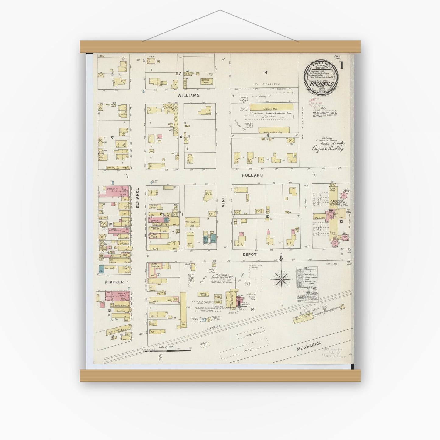 Old map wall art mockup — magnetic wood frame on white wall — Sanborn Fire Insurance Map from Archbold, Fulton County, Ohio (1895), Sheet #0001