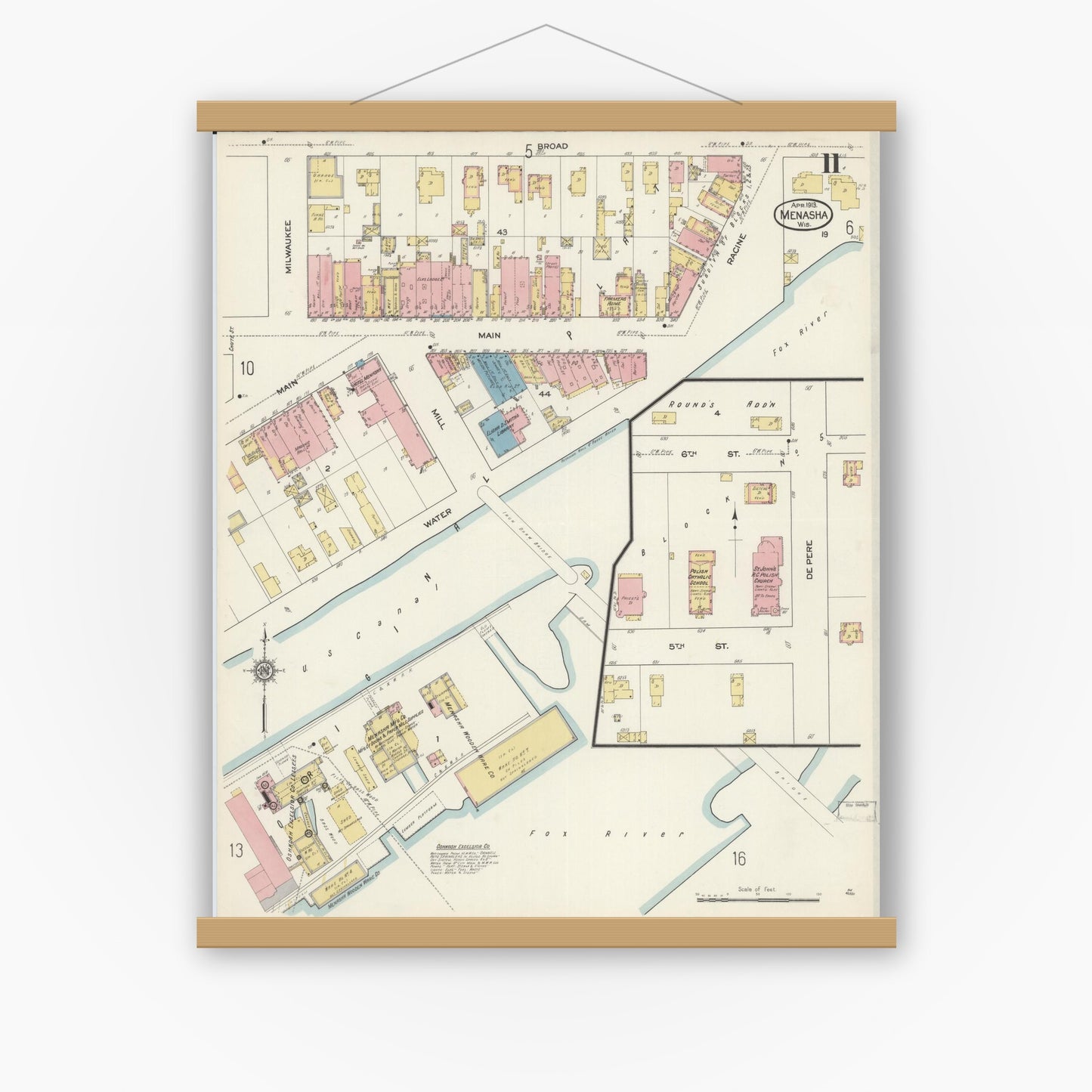 Old map wall art mockup — magnetic wood frame on white wall — Sanborn Fire Insurance Map from Menasha, Winnebago County, Wisconsin (1913), Sheet #0011