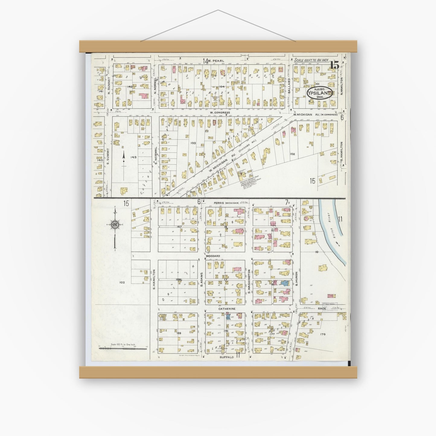 Old map wall art mockup — magnetic wood frame on white wall — Sanborn Fire Insurance Map from Ypsilanti, Washtenaw County, Michigan (1916), Sheet #0015