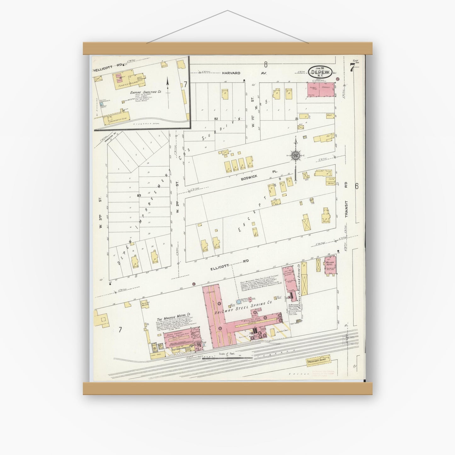 Old map wall art mockup — magnetic wood frame on white wall — Sanborn Fire Insurance Map from Depew, Erie County, New York (1911), Sheet #0006