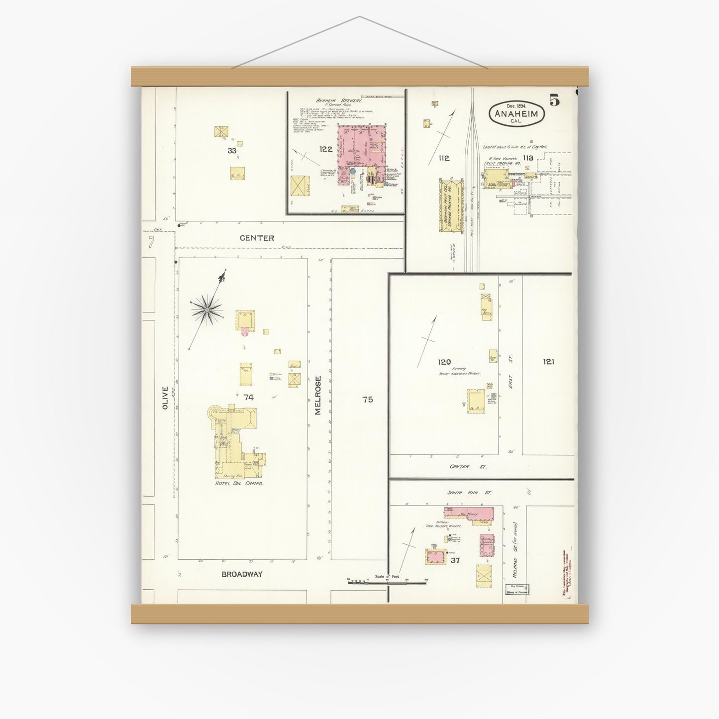 Old map wall art mockup — magnetic wood frame on white wall — Sanborn Fire Insurance Map from Anaheim, Orange County, California (1894), Sheet #0005