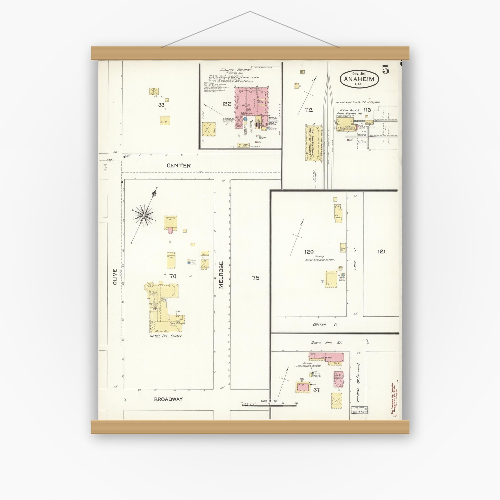 Old map wall art mockup — magnetic wood frame on white wall — Sanborn Fire Insurance Map from Anaheim, Orange County, California (1894), Sheet #0005