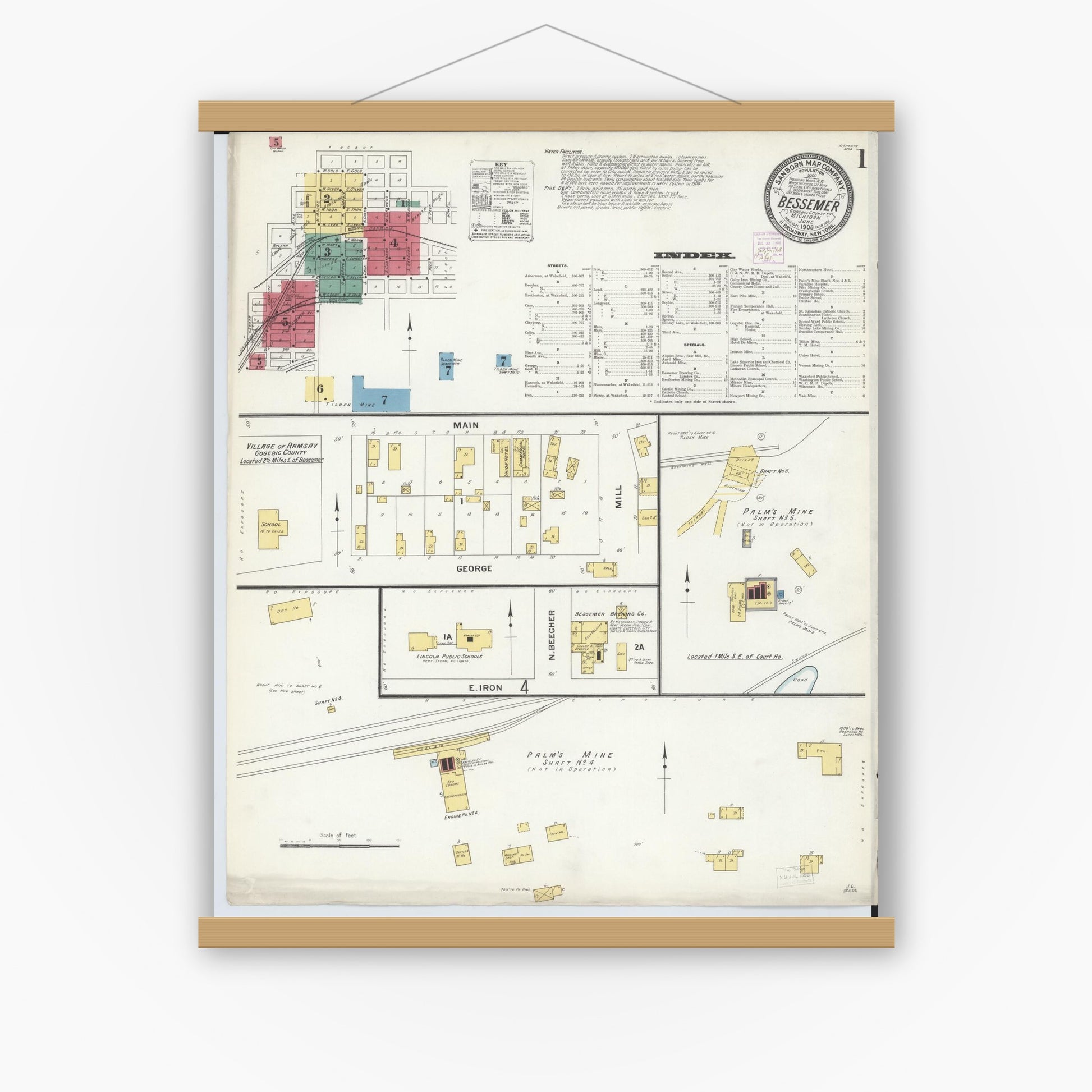 Old map wall art mockup — magnetic wood frame on white wall — Sanborn Fire Insurance Map from Bessemer, Gogebic County, Michigan (1908), Sheet #0001