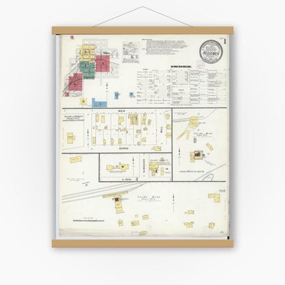 Old map wall art mockup — magnetic wood frame on white wall — Sanborn Fire Insurance Map from Bessemer, Gogebic County, Michigan (1908), Sheet #0001