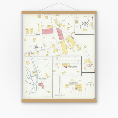 Old map wall art mockup — magnetic wood frame on white wall — Sanborn Fire Insurance Map from Mount Airy, Surry County, North Carolina (1900), Sheet #0005