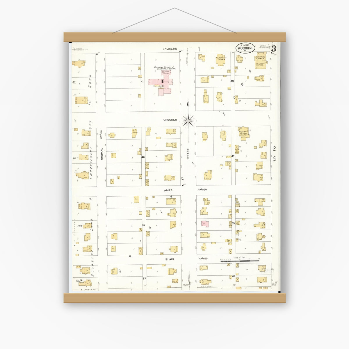 Old map wall art mockup — magnetic wood frame on white wall — Sanborn Fire Insurance Map from Woodbine, Harrison County, Iowa (1908), Sheet #0003