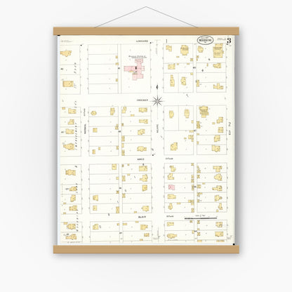 Old map wall art mockup — magnetic wood frame on white wall — Sanborn Fire Insurance Map from Woodbine, Harrison County, Iowa (1908), Sheet #0003