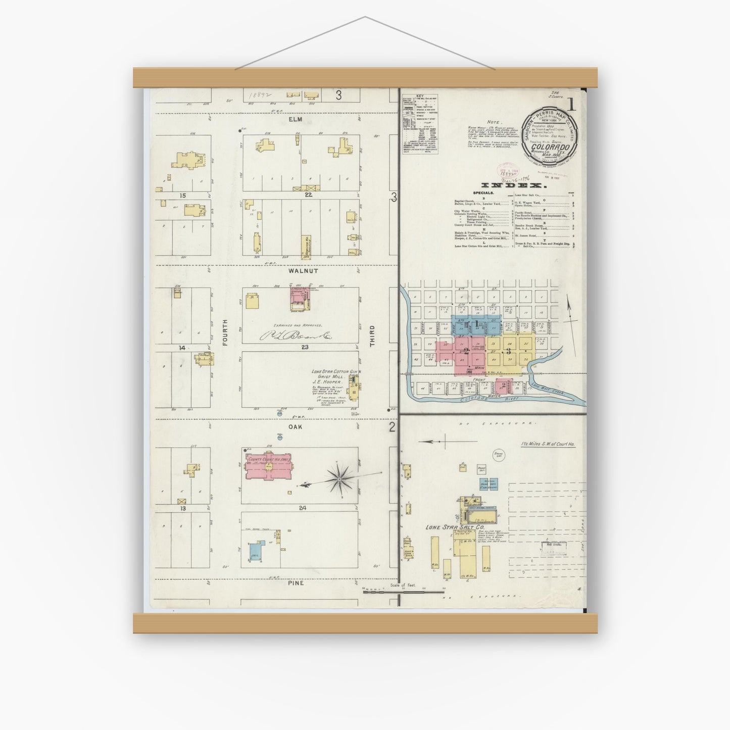 Old map wall art mockup — magnetic wood frame on white wall — Sanborn Fire Insurance Map from Colorado, Mitchell County, Texas (1896), Sheet #0001