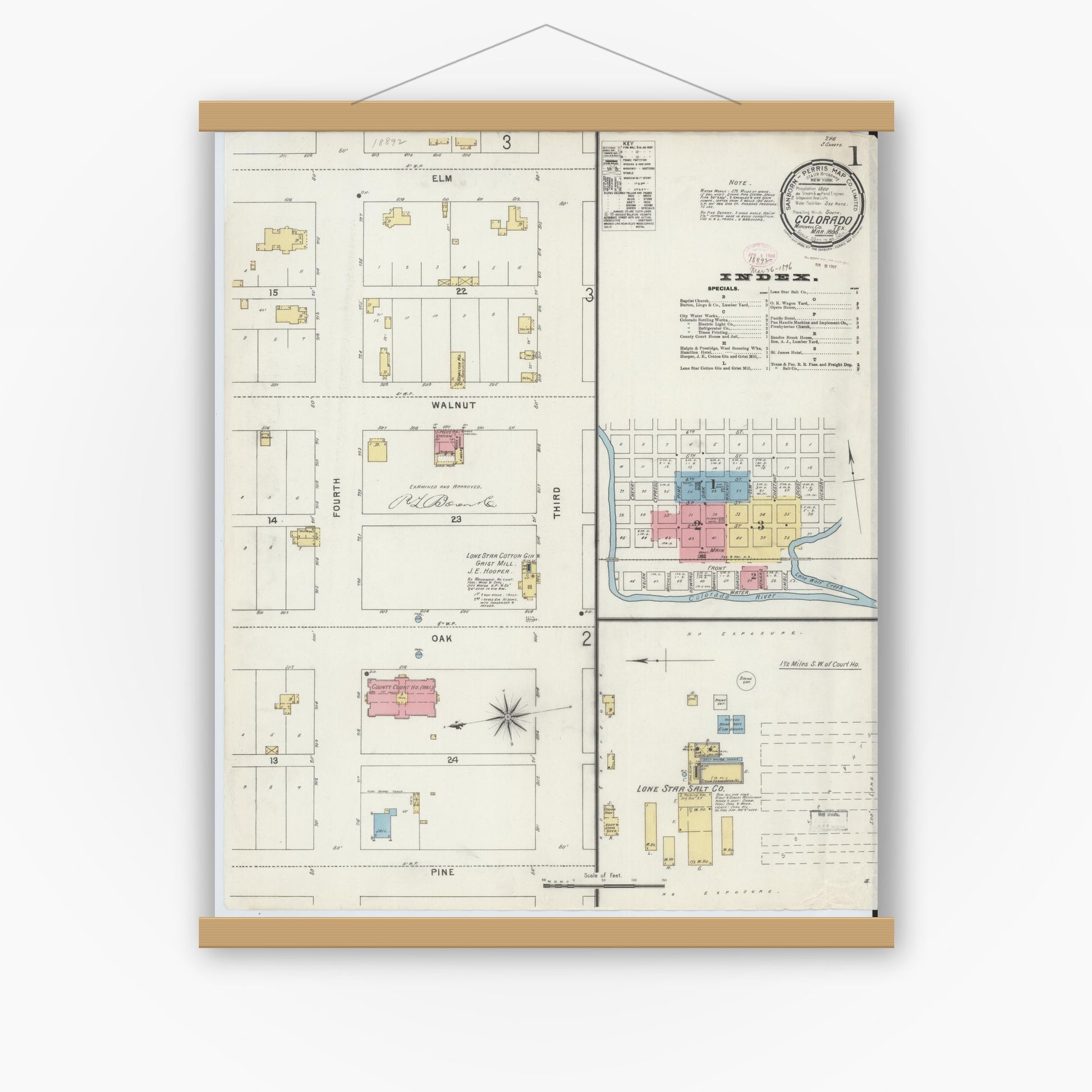 Old map wall art mockup — magnetic wood frame on white wall — Sanborn Fire Insurance Map from Colorado, Mitchell County, Texas (1896), Sheet #0001