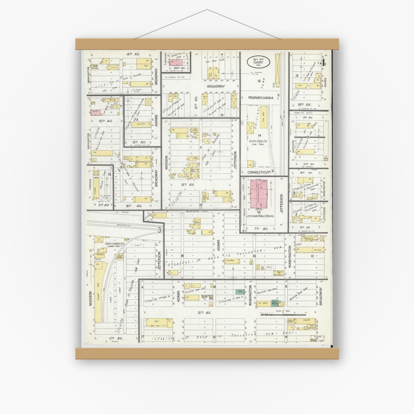 Old map wall art mockup — magnetic wood frame on white wall — Sanborn Fire Insurance Map from Gary, Lake County, Indiana (1907), Sheet #0004