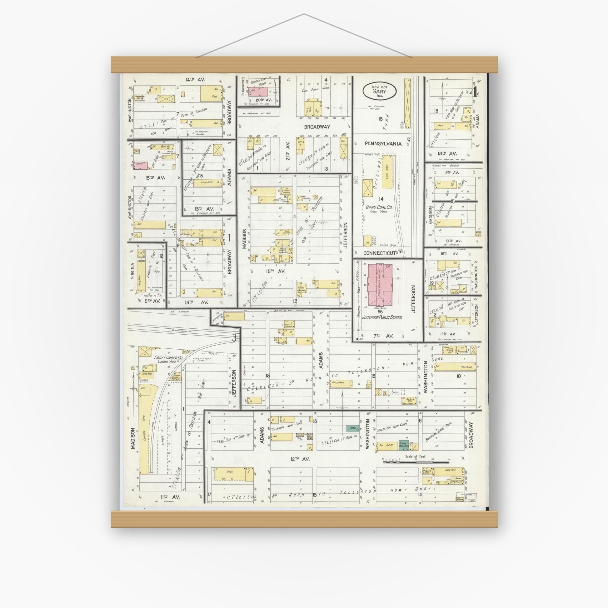 Old map wall art mockup — magnetic wood frame on white wall — Sanborn Fire Insurance Map from Gary, Lake County, Indiana (1907), Sheet #0004