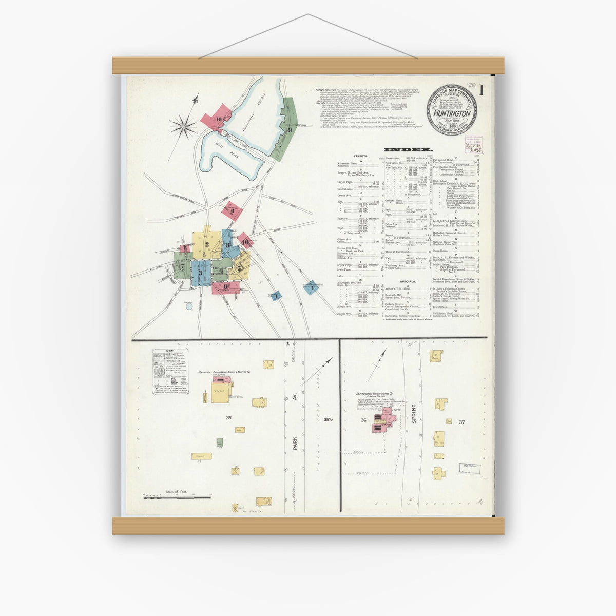 Old map wall art mockup — magnetic wood frame on white wall — Sanborn Fire Insurance Map from Huntington, Suffolk County, New York (1908), Sheet #0001