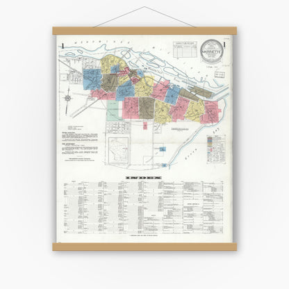 Old map wall art mockup — magnetic wood frame on white wall — Sanborn Fire Insurance Map from Marinette, Marinette County, Wisconsin (1935), Sheet #0001