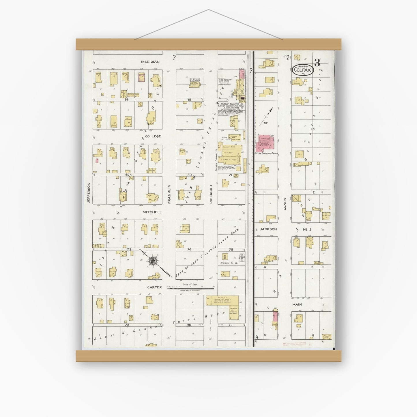 Old map wall art mockup — magnetic wood frame on white wall — Sanborn Fire Insurance Map from Colfax, Clinton County, Indiana (1919), Sheet #0003