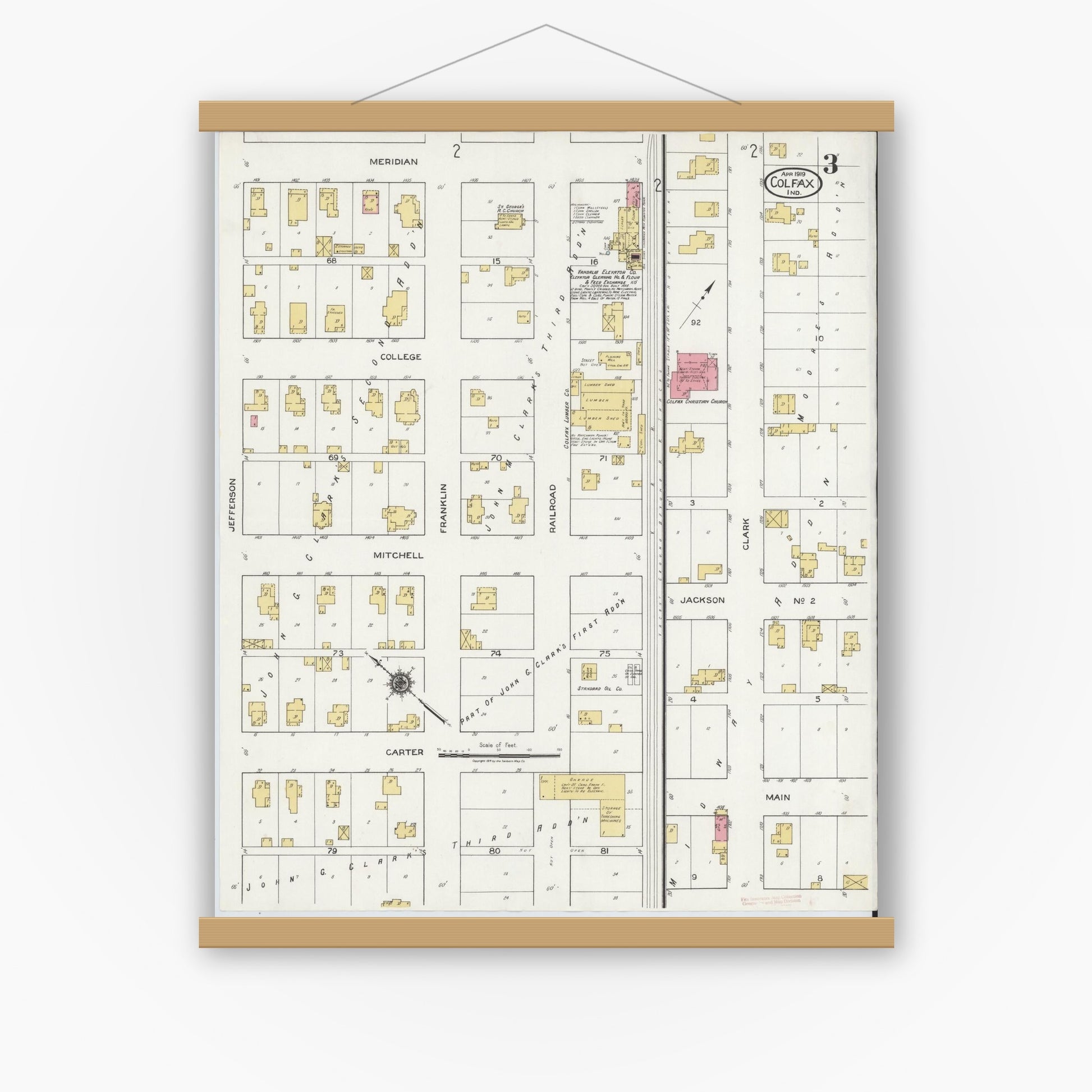 Old map wall art mockup — magnetic wood frame on white wall — Sanborn Fire Insurance Map from Colfax, Clinton County, Indiana (1919), Sheet #0003