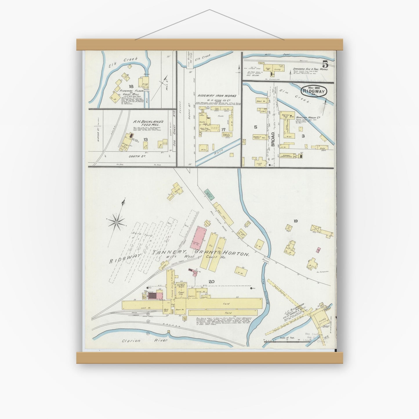 Old map wall art mockup — magnetic wood frame on white wall — Sanborn Fire Insurance Map from Ridgway, Elk County, Pennsylvania (1892), Sheet #0005
