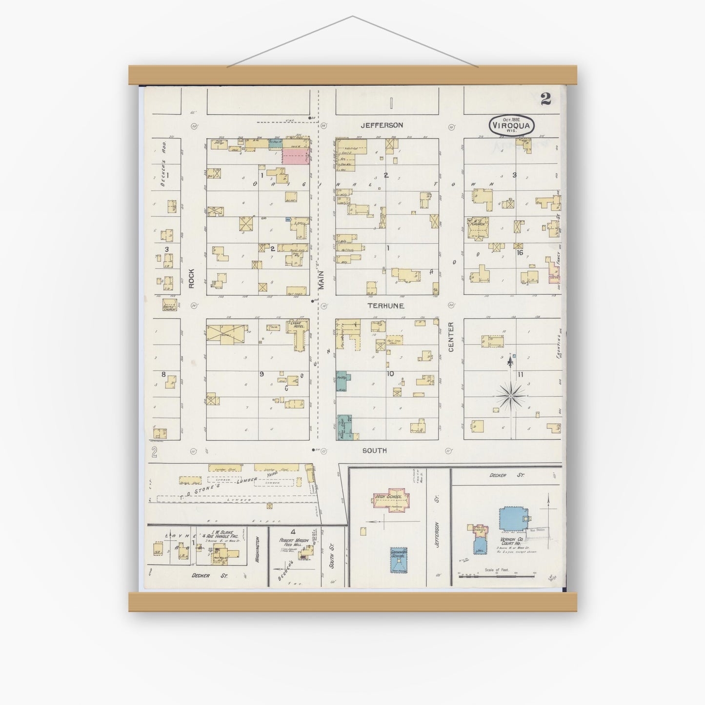 Old map wall art mockup — magnetic wood frame on white wall — Sanborn Fire Insurance Map from Viroqua, Vernon County, Wisconsin (1892), Sheet #0002