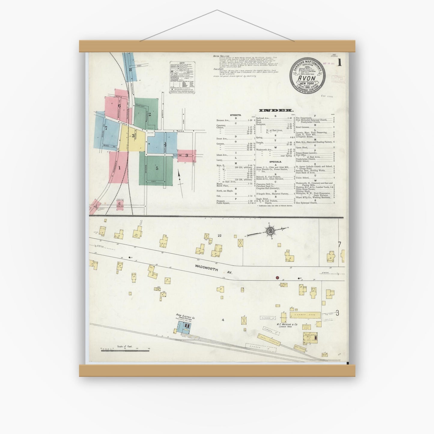 Old map wall art mockup — magnetic wood frame on white wall — Sanborn Fire Insurance Map from Avon, Livingston County, New York (1910), Sheet #0001