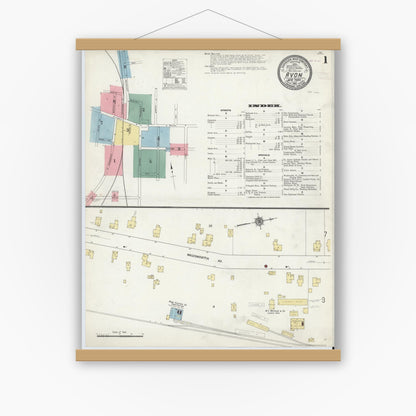 Old map wall art mockup — magnetic wood frame on white wall — Sanborn Fire Insurance Map from Avon, Livingston County, New York (1910), Sheet #0001
