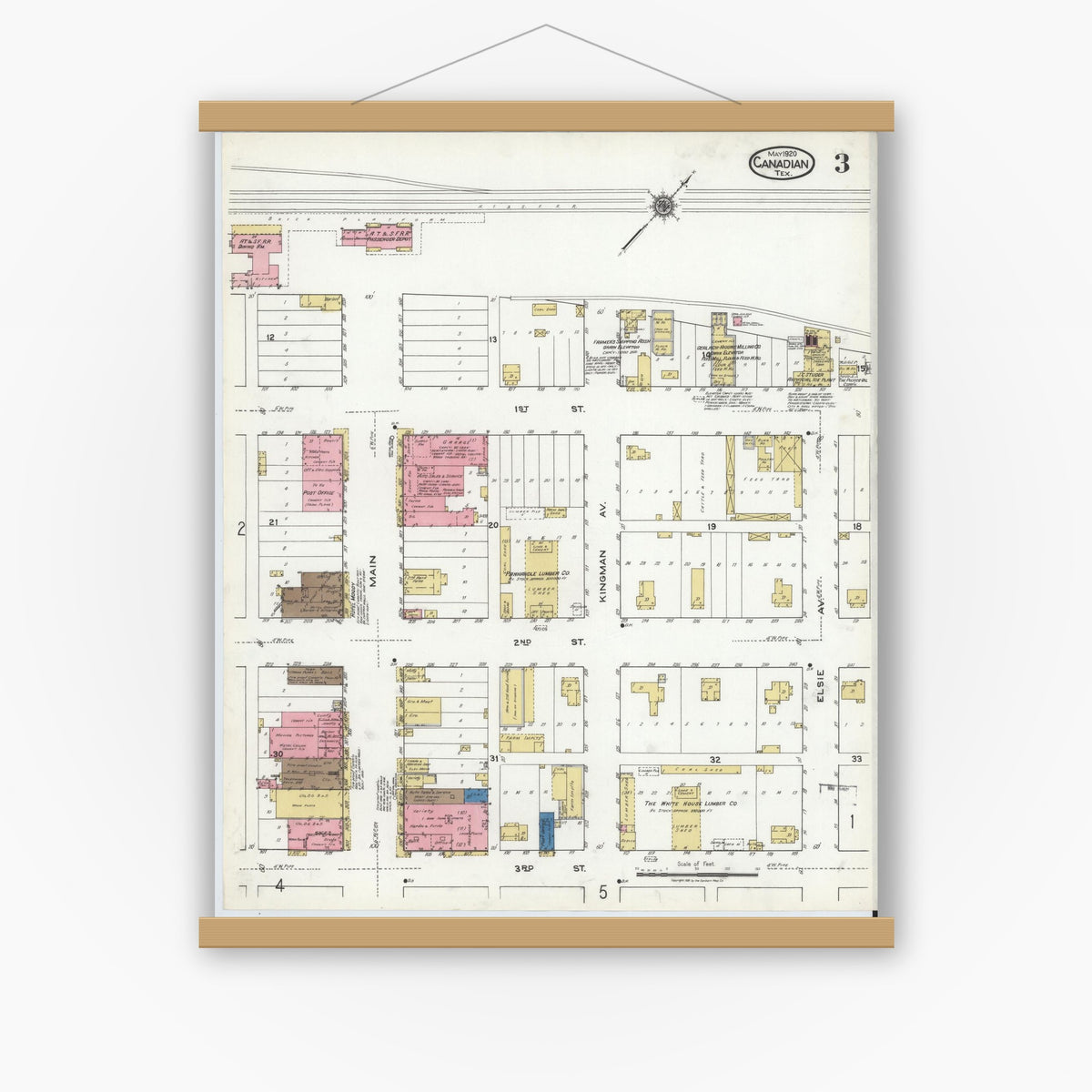 Old map wall art mockup — magnetic wood frame on white wall — Sanborn Fire Insurance Map from Canadian, Hemphill County, Texas (1920), Sheet #0003