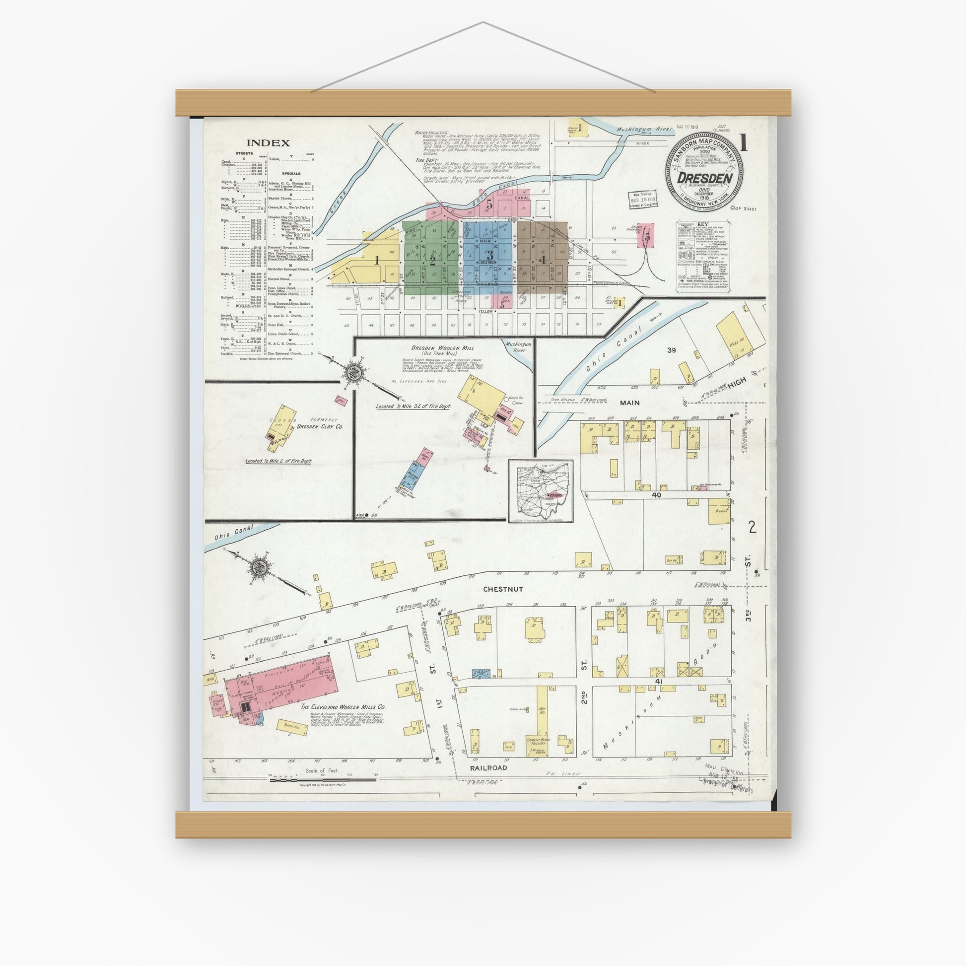 Old map wall art mockup — magnetic wood frame on white wall — Sanborn Fire Insurance Map from Dresden, Muskingum County, Ohio (1918) - Complete Map Set