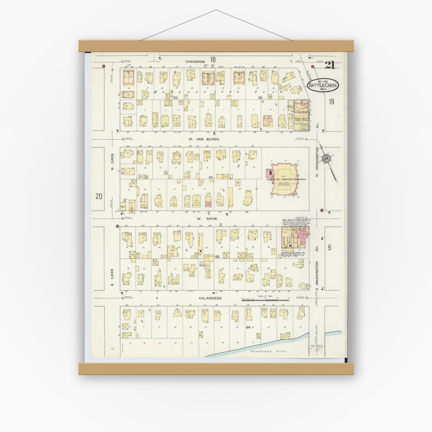 Old map wall art mockup — magnetic wood frame on white wall — Sanborn Fire Insurance Map from Battle Creek, Calhoun County, Michigan (1913), Sheet #0021