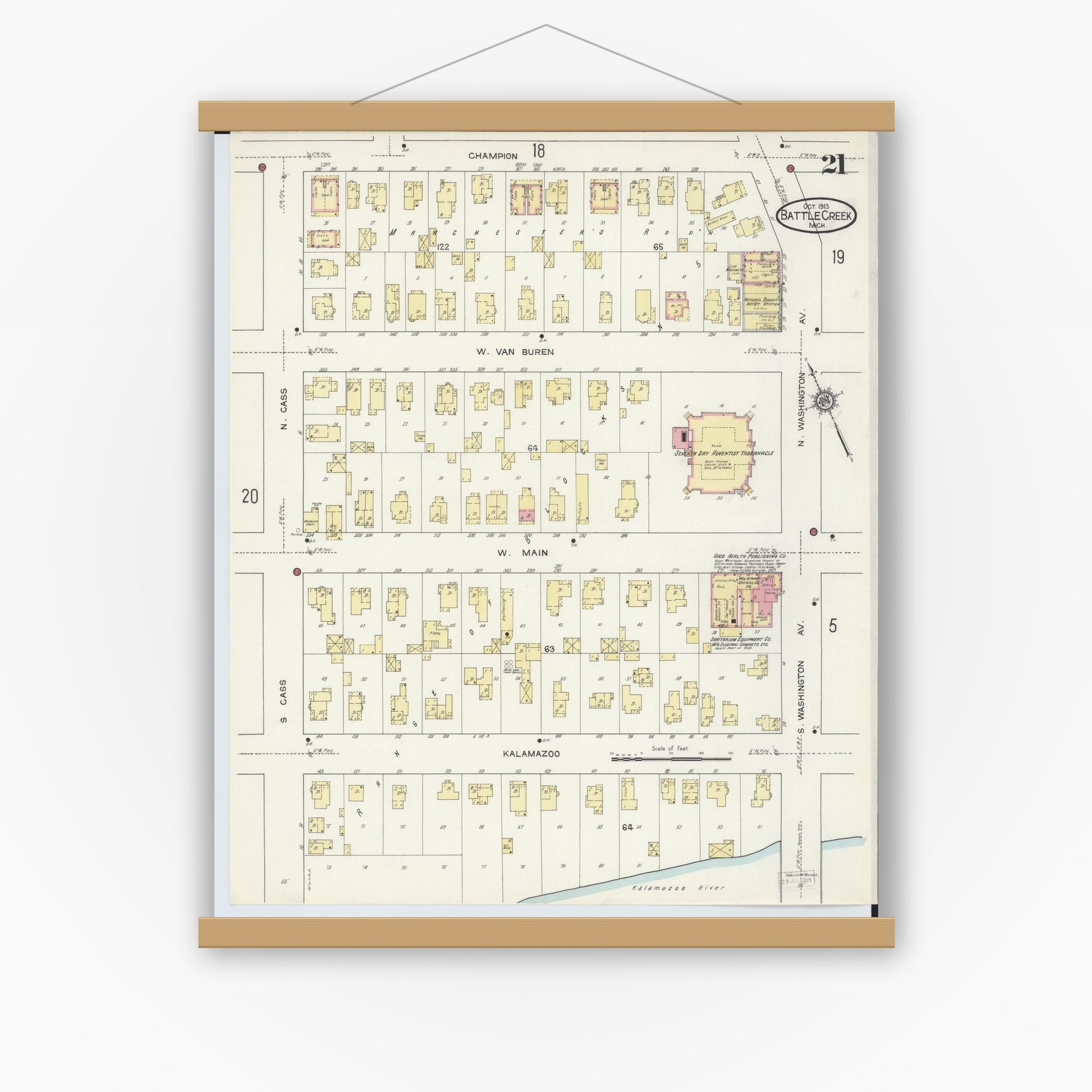 Old map wall art mockup — magnetic wood frame on white wall — Sanborn Fire Insurance Map from Battle Creek, Calhoun County, Michigan (1913), Sheet #0021