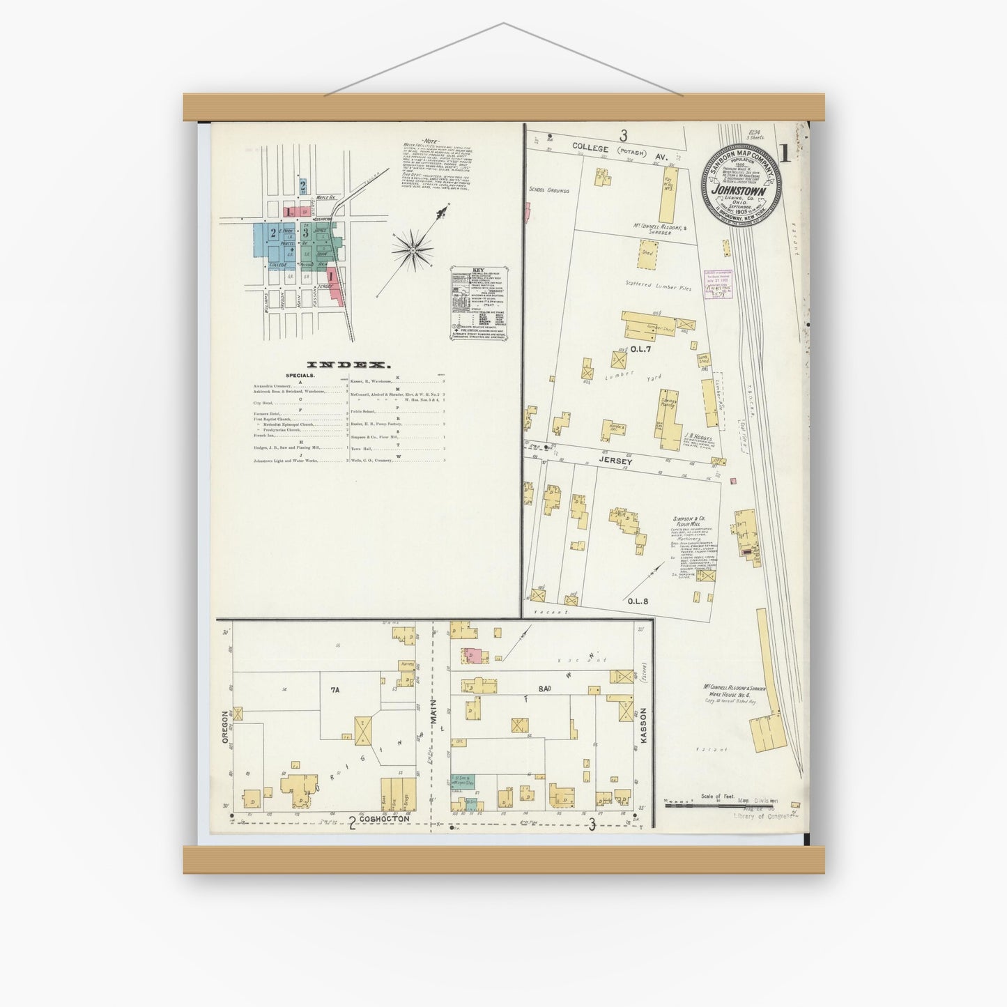 Old map wall art mockup — magnetic wood frame on white wall — Sanborn Fire Insurance Map from Johnstown, Licking County, Ohio (1905), Sheet #0001