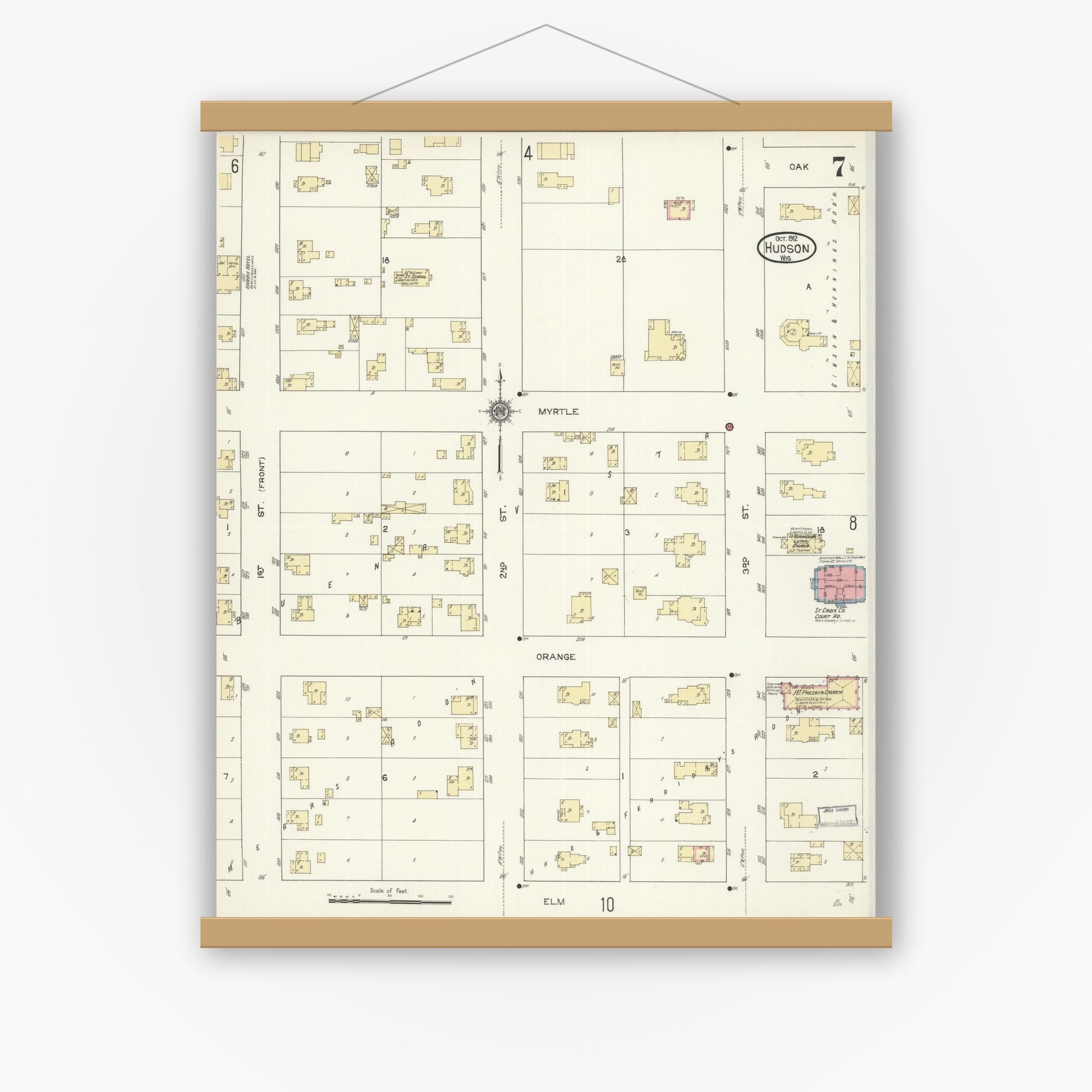 Old map wall art mockup — magnetic wood frame on white wall — Sanborn Fire Insurance Map from Hudson, St. Croix County, Wisconsin (1912), Sheet #0007