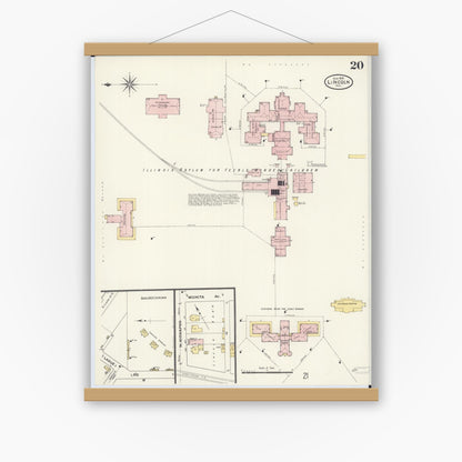 Old map wall art mockup — magnetic wood frame on white wall — Sanborn Fire Insurance Map from Lincoln, Logan County, Illinois (1909), Sheet #0020