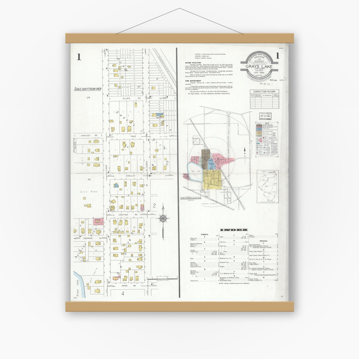 Old map wall art mockup — magnetic wood frame on white wall — Sanborn Fire Insurance Map from Grays Lake, Lake County, Illinois (1934) - Complete Map Set