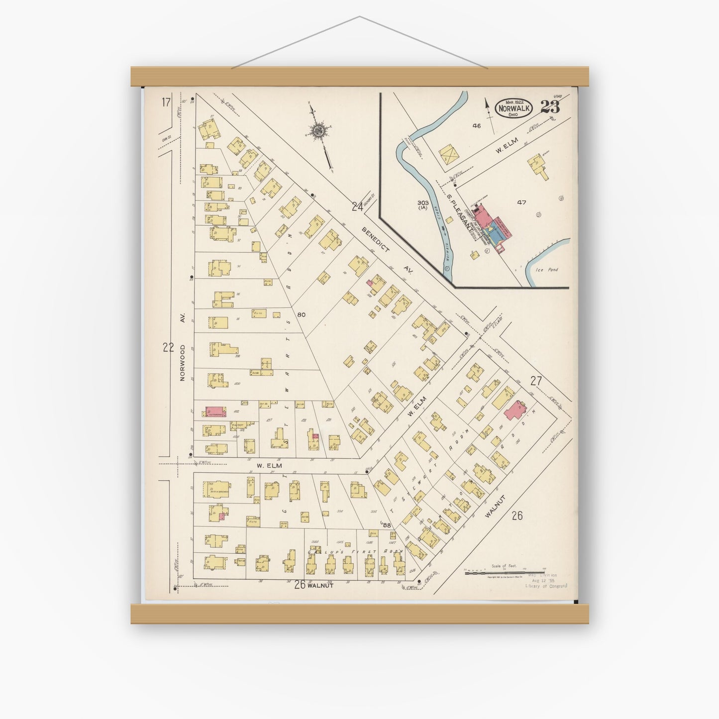 Old map wall art mockup — magnetic wood frame on white wall — Sanborn Fire Insurance Map from Norwalk, Huron County, Ohio (1922), Sheet #0023