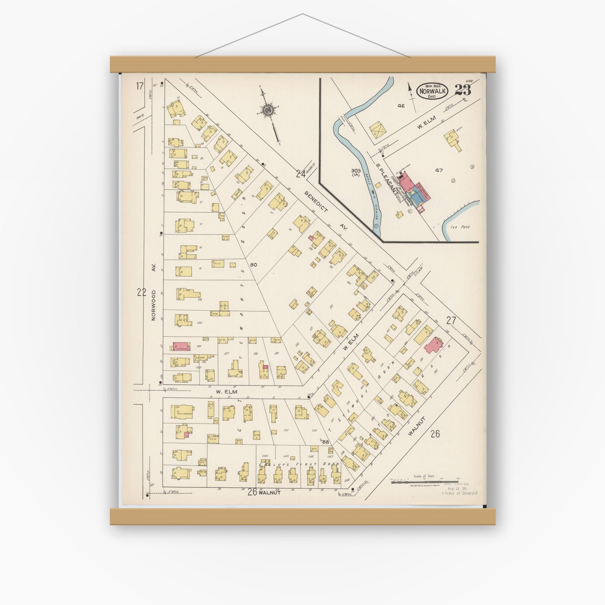 Old map wall art mockup — magnetic wood frame on white wall — Sanborn Fire Insurance Map from Norwalk, Huron County, Ohio (1922), Sheet #0023