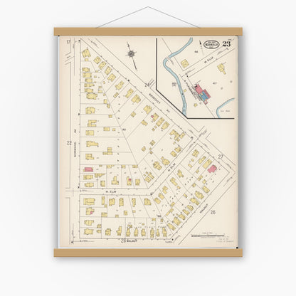 Old map wall art mockup — magnetic wood frame on white wall — Sanborn Fire Insurance Map from Norwalk, Huron County, Ohio (1922), Sheet #0023