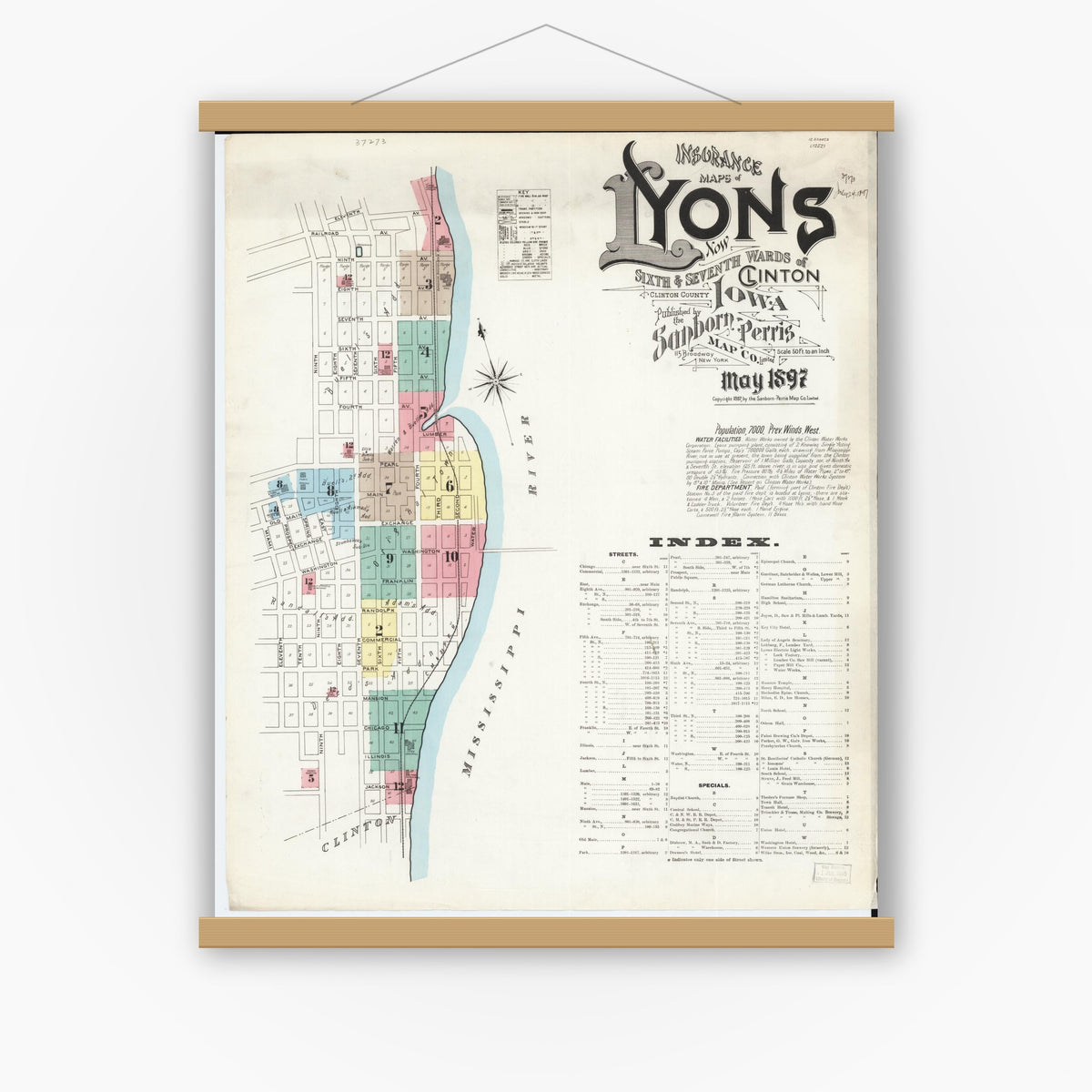 Old map wall art mockup — magnetic wood frame on white wall — Sanborn Fire Insurance Map from Lyons, Clinton County, Iowa (1897), Sheet #0001