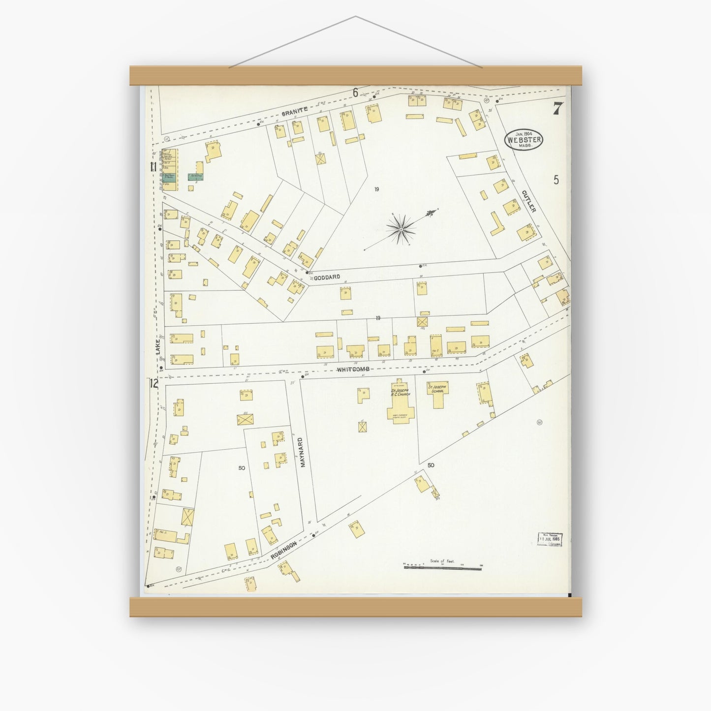 Old map wall art mockup — magnetic wood frame on white wall — Sanborn Fire Insurance Map from Webster, Worcester County, Massachusetts (1904), Sheet #0007
