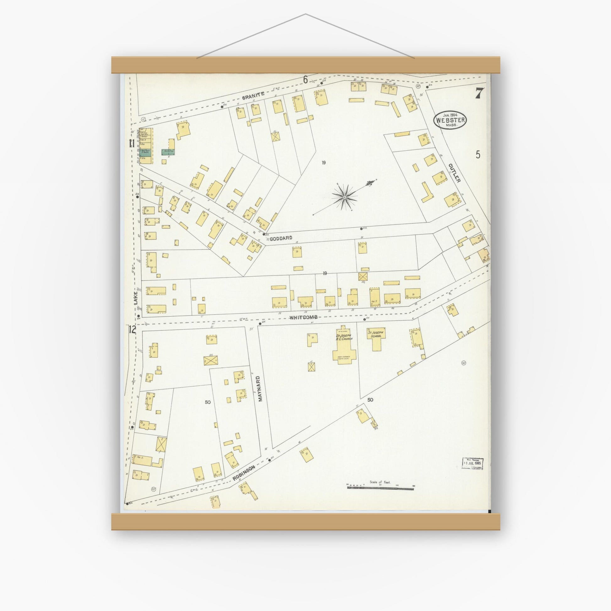 Old map wall art mockup — magnetic wood frame on white wall — Sanborn Fire Insurance Map from Webster, Worcester County, Massachusetts (1904), Sheet #0007